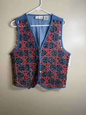 Vintage Casey & Max Cutout Patchwork Vest NWT Folk Art Plaid Lattice Medium